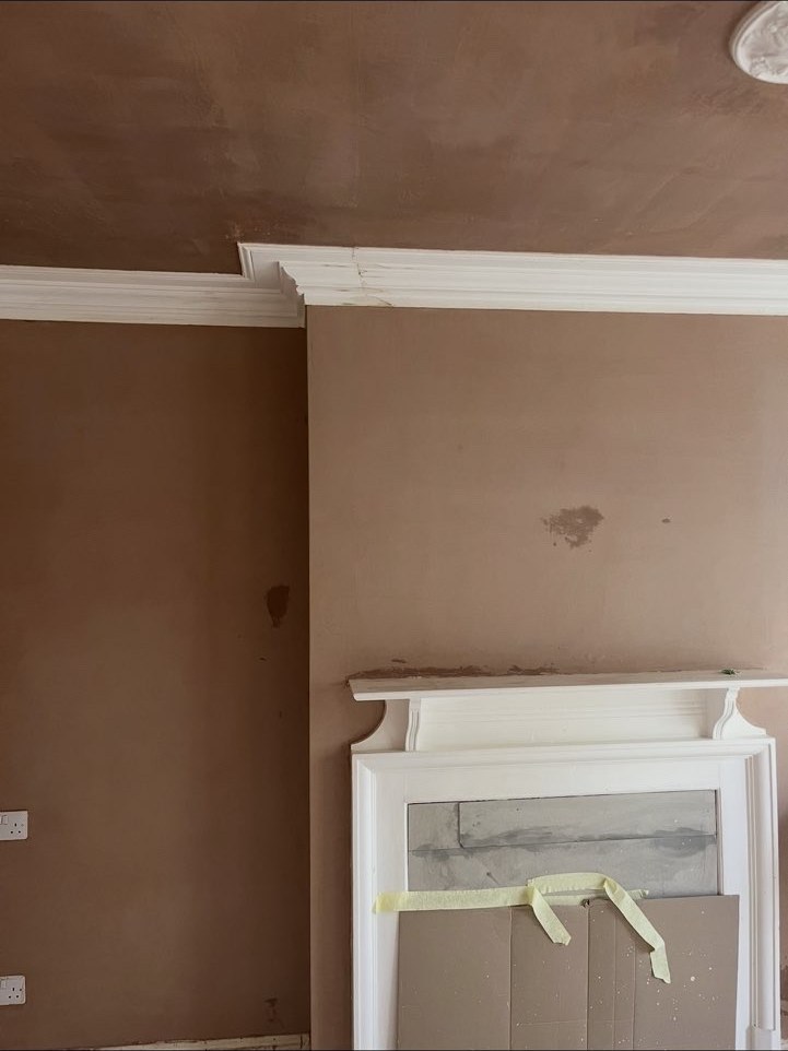 Detailed plastering around coving and a fireplace